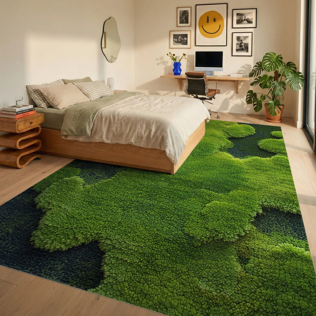 Lush Green Moss Textured Landscape Rug - Bedroom View
