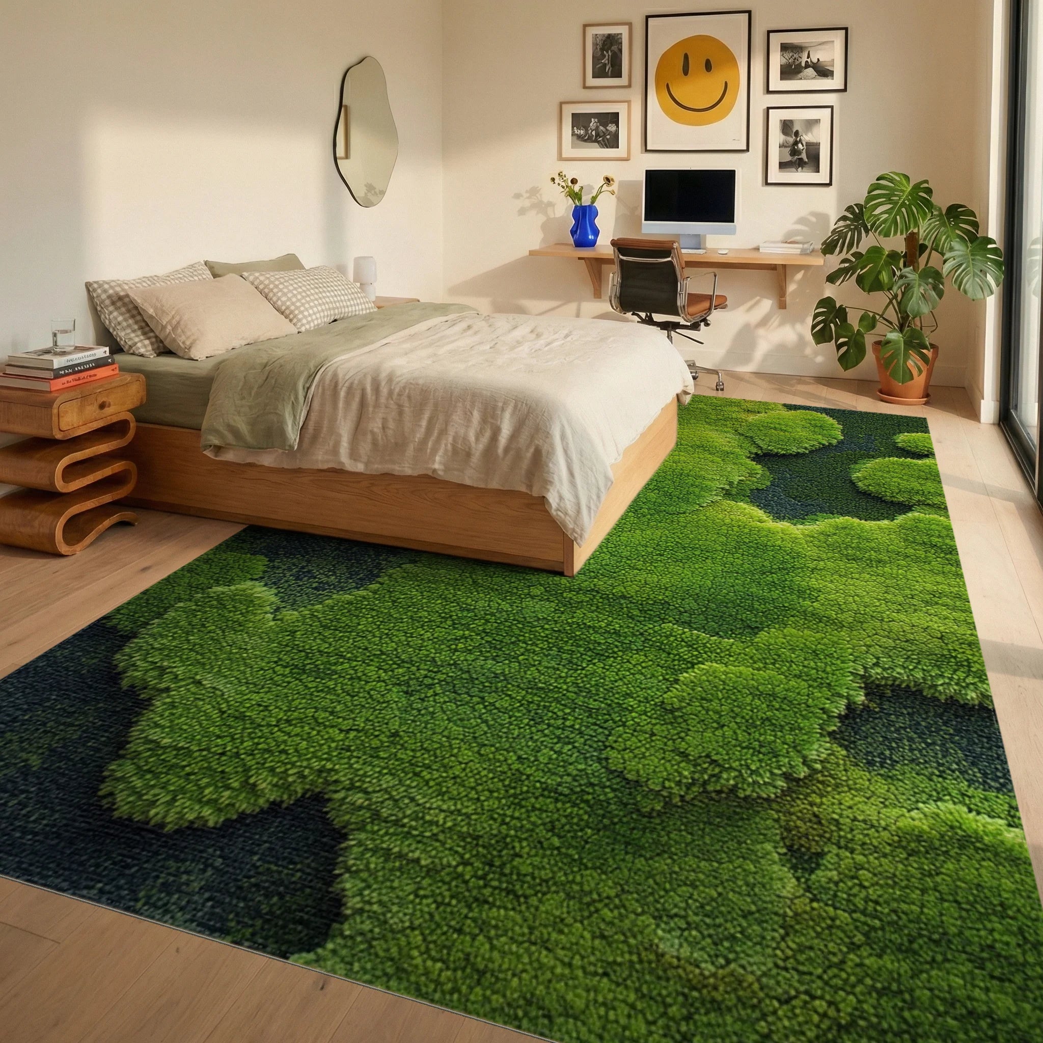 Lush Green Moss Textured Landscape Rug - Bedroom View