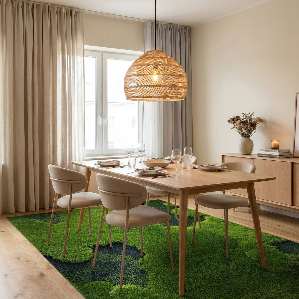 Lush Green Moss Textured Landscape Rug - Dining Room View