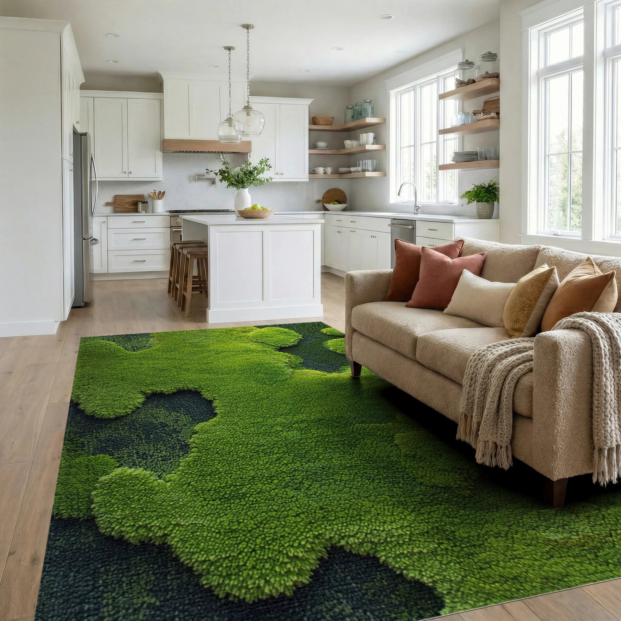 Lush Green Moss Textured Landscape Rug - Living Room View
