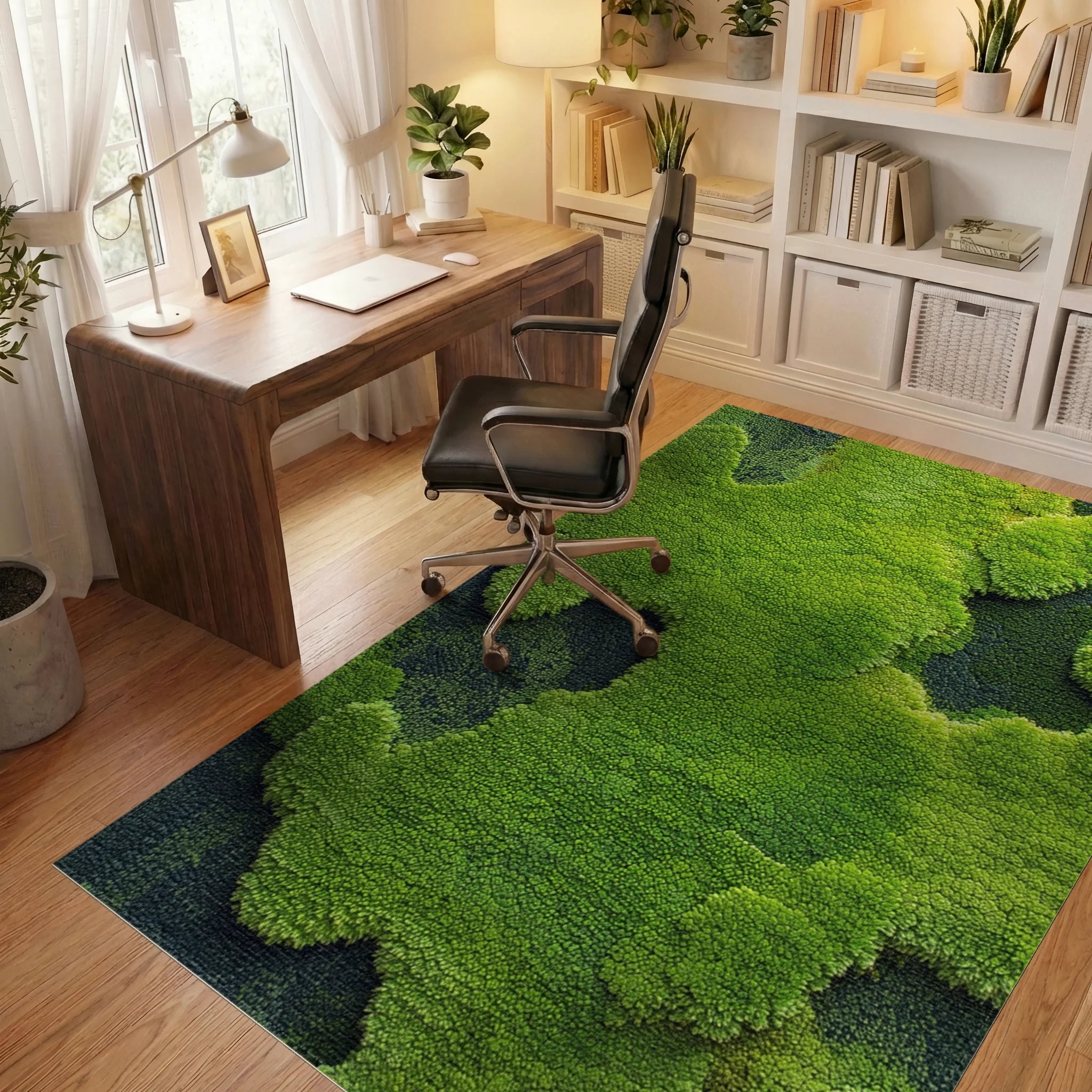 Lush Green Moss Textured Landscape Rug - Office View