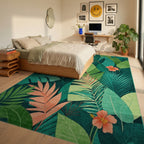 Lush Green Tropical Foliage with Peach Hibiscus Rug Bedroom View