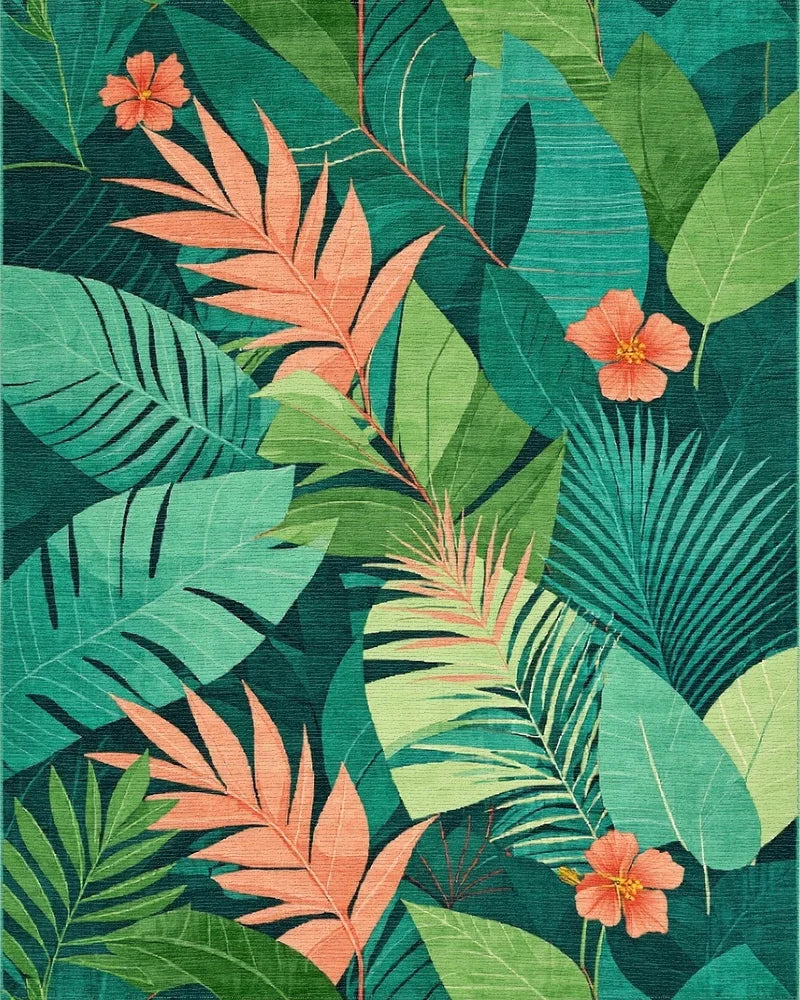 Lush Green Tropical Foliage with Peach Hibiscus Rug - Cutout View