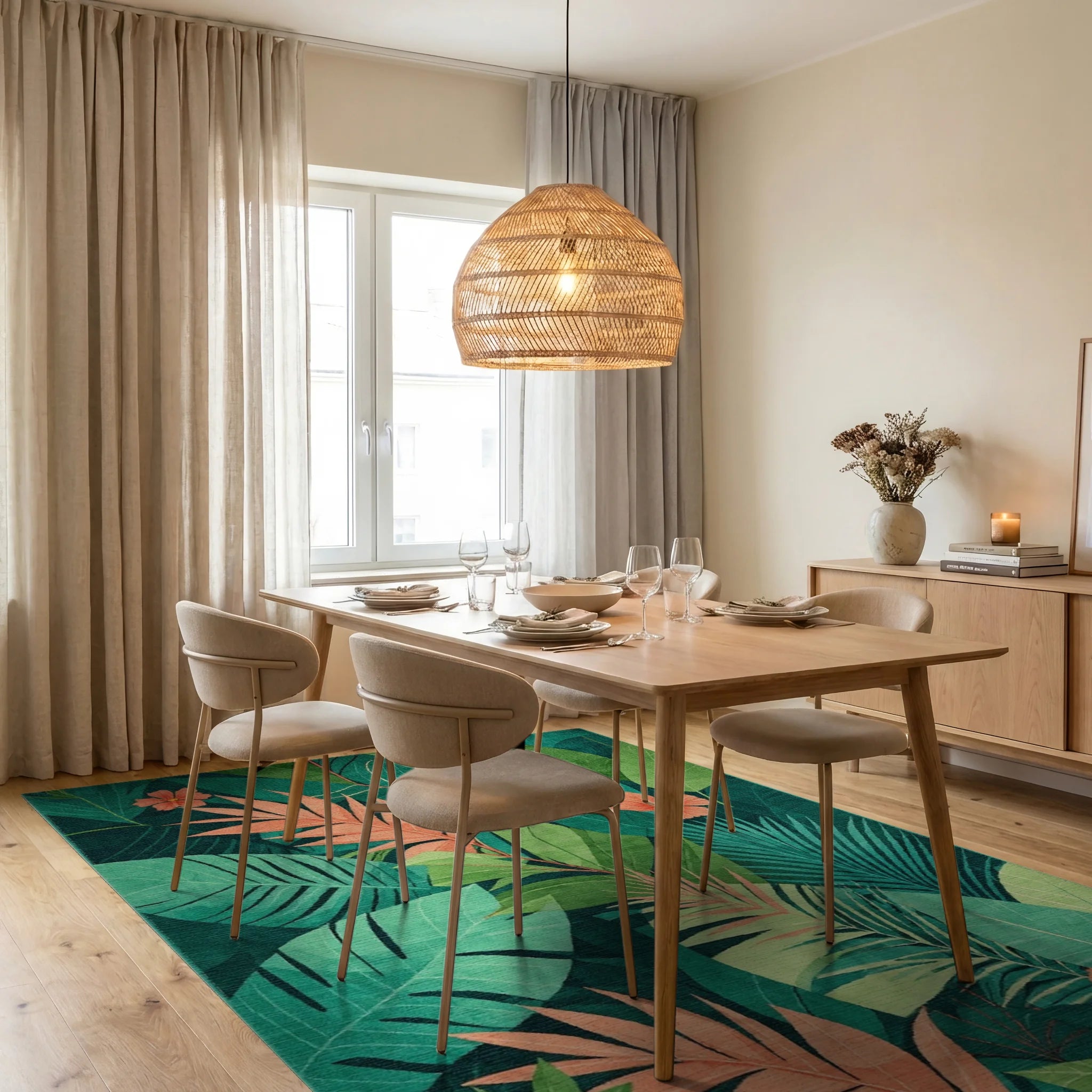 Lush Green Tropical Foliage with Peach Hibiscus Rug Dining Room View