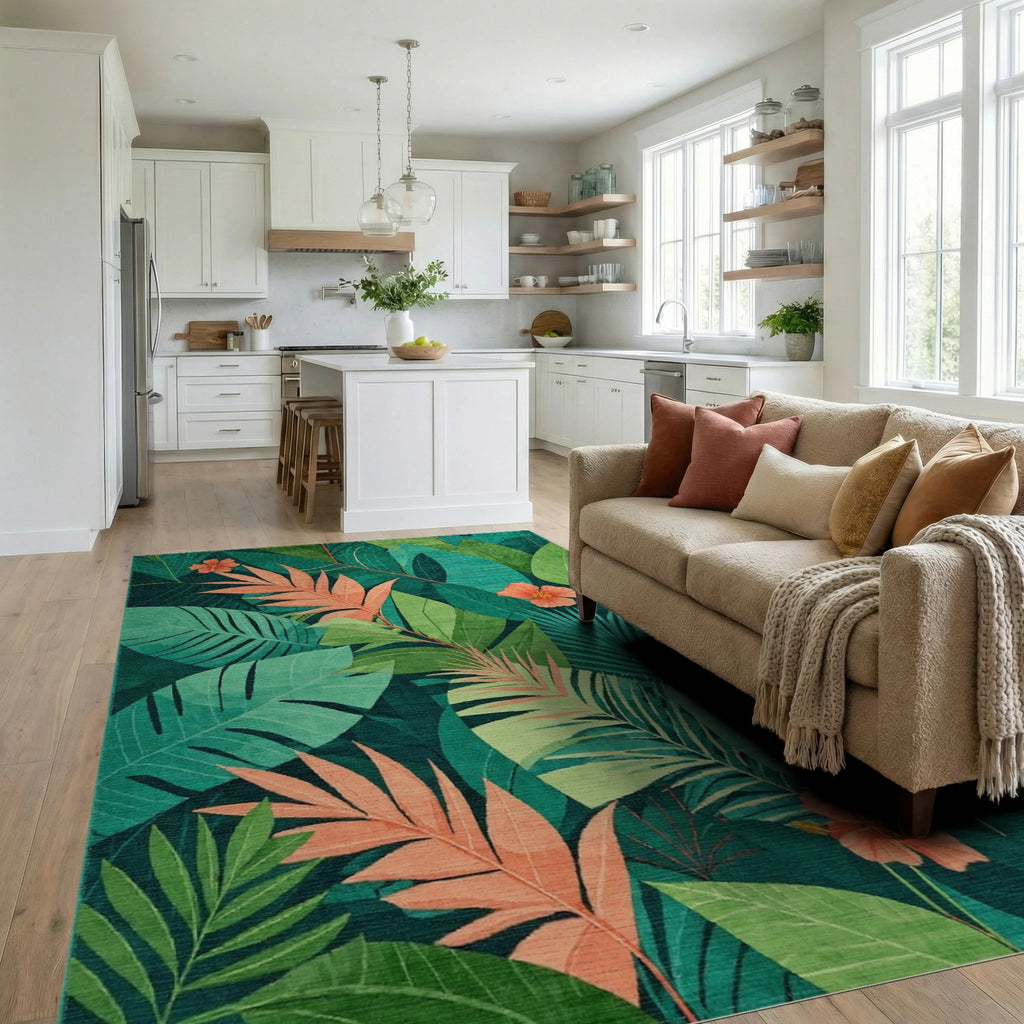 Lush Green Tropical Foliage with Peach Hibiscus Rug Living Room View