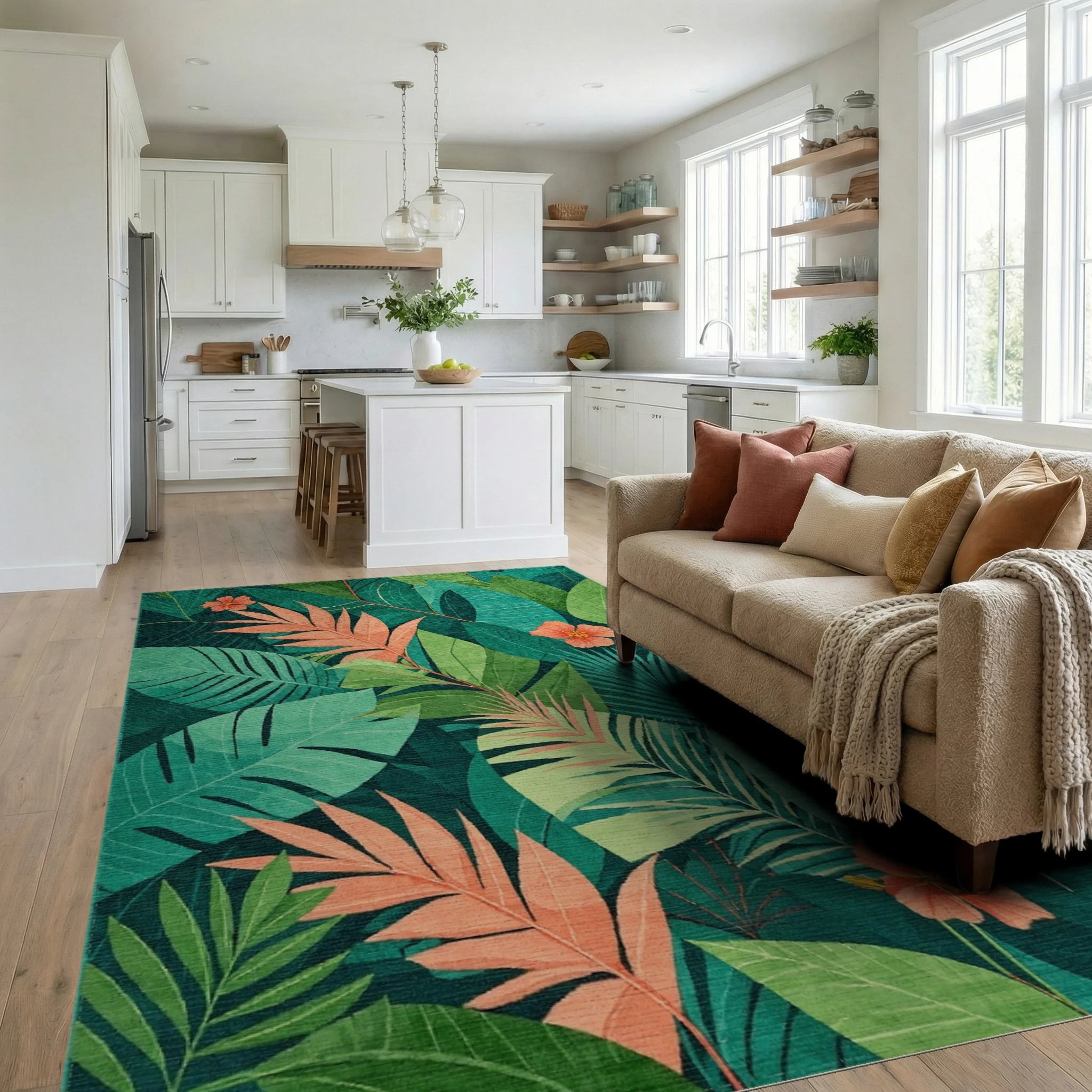 Lush Green Tropical Foliage with Peach Hibiscus Rug Living Room View