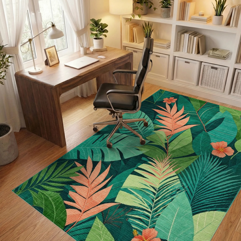 Lush Green Tropical Foliage with Peach Hibiscus Rug Office View