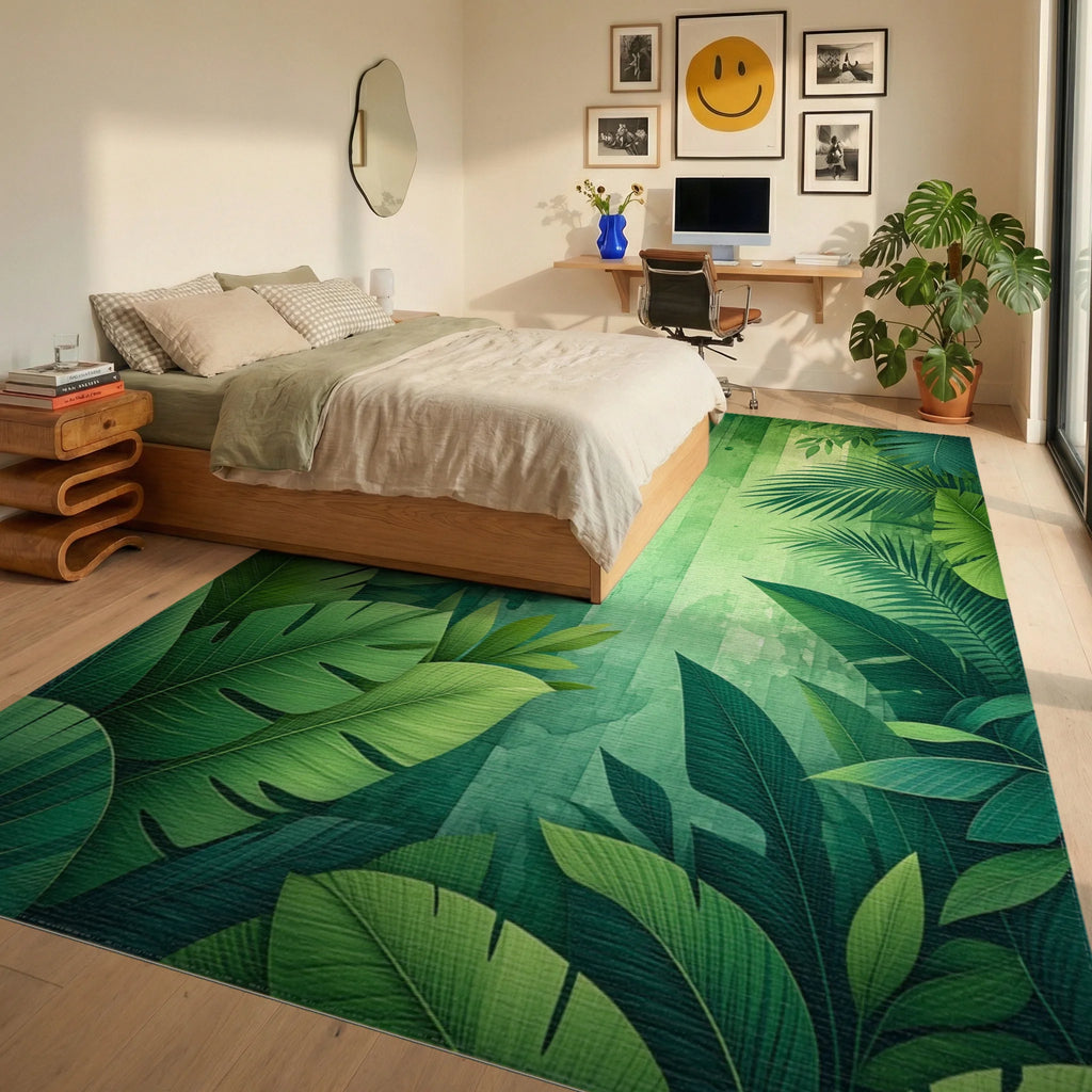 Lush Green Tropical Palm Rug - Bedroom View