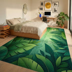 Lush Green Tropical Palm Rug - Bedroom View