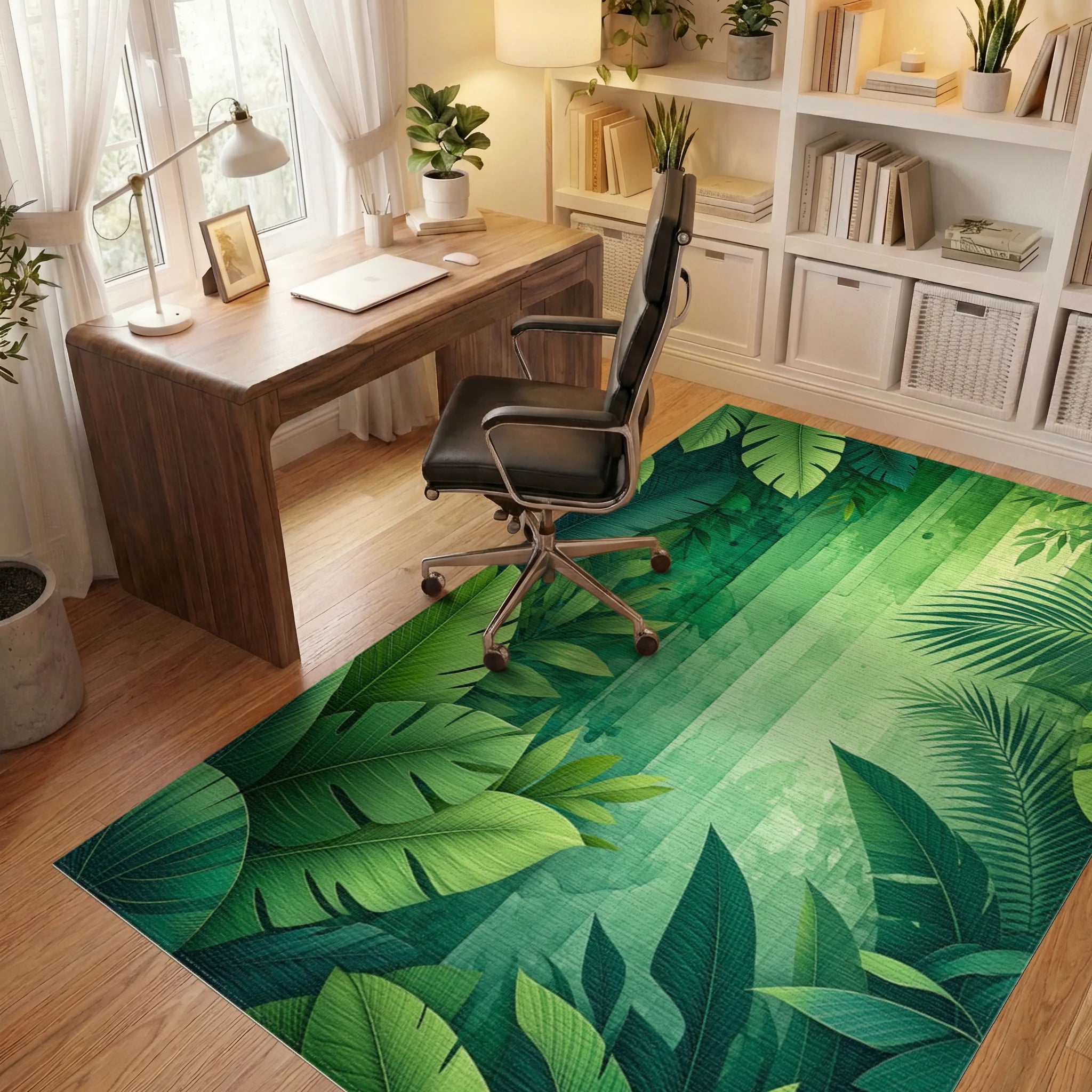 Lush Green Tropical Palm Rug - Office View