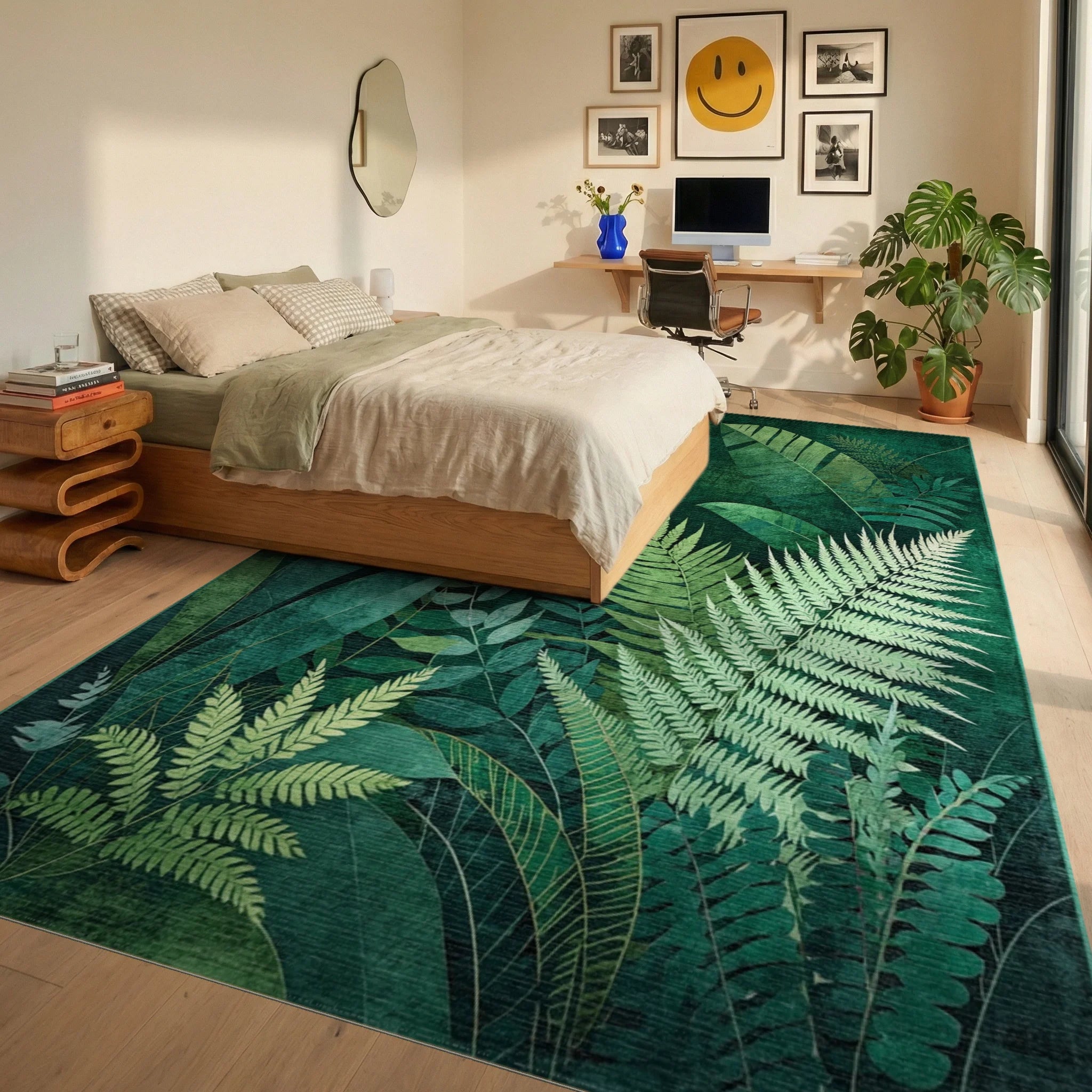 Lush Jungle Fern Botanical Print Rug - Bedroom View