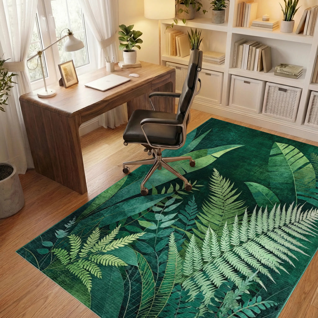 Lush Jungle Fern Botanical Print Rug - Office View