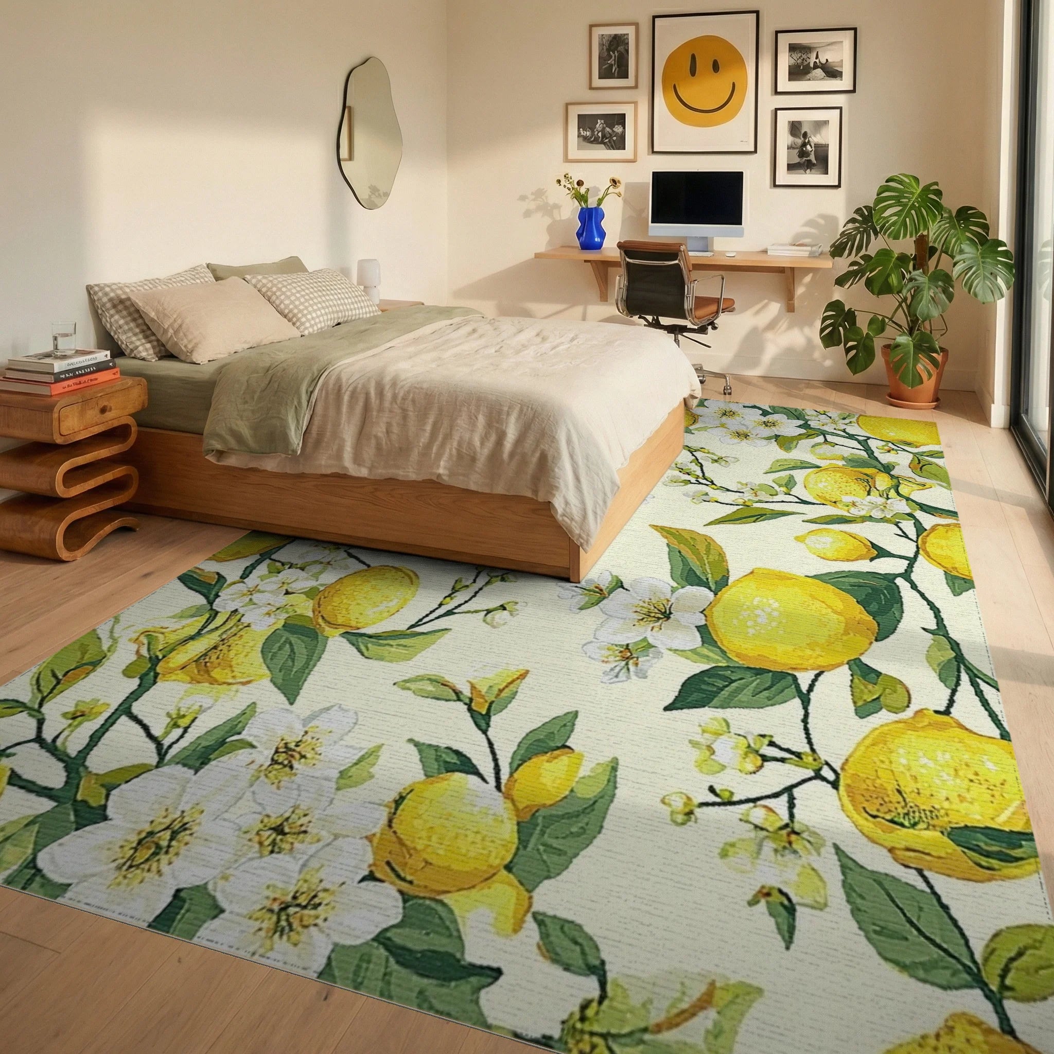 Lush Lemon Branch Blossom Pattern Rug Bedroom View