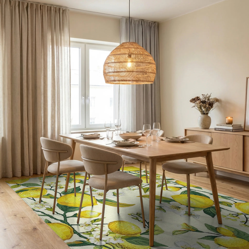 Lush Lemon Branch Blossom Pattern Rug Dining Room View