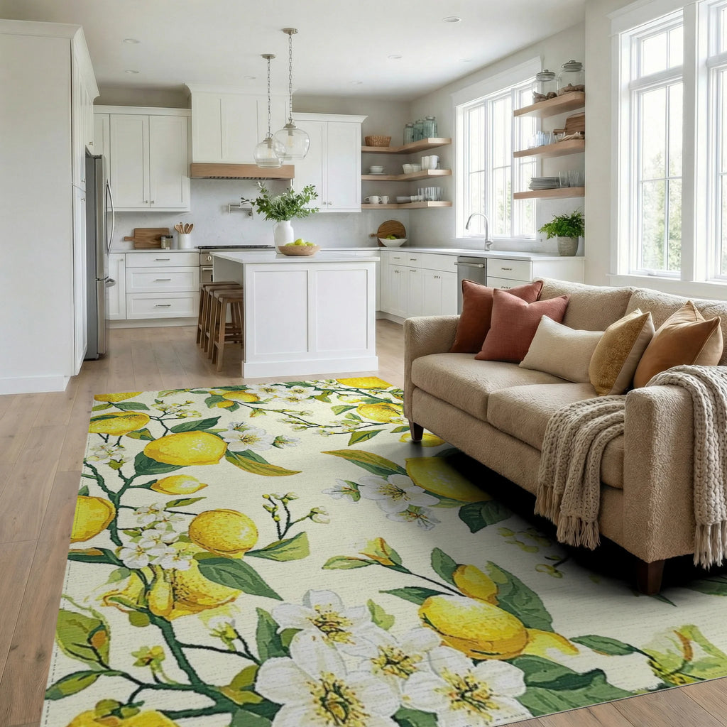Lush Lemon Branch Blossom Pattern Rug Living Room View