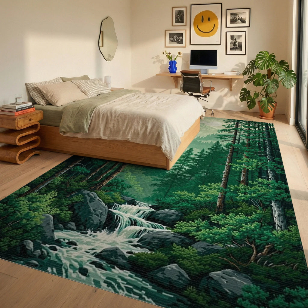 Lush Pine Forest Waterfall Mountains Rug Bedroom View