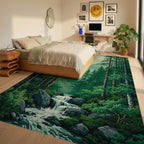 Lush Pine Forest Waterfall Mountains Rug Bedroom View
