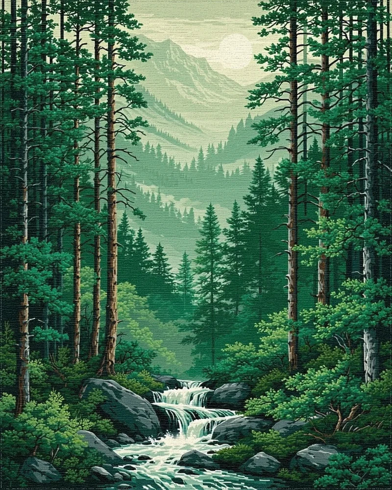 Lush Pine Forest Waterfall Mountains Rug - Cutout View