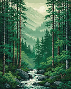 Lush Pine Forest Waterfall Mountains Rug - Cutout View