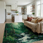 Lush Pine Forest Waterfall Mountains Rug Living Room View