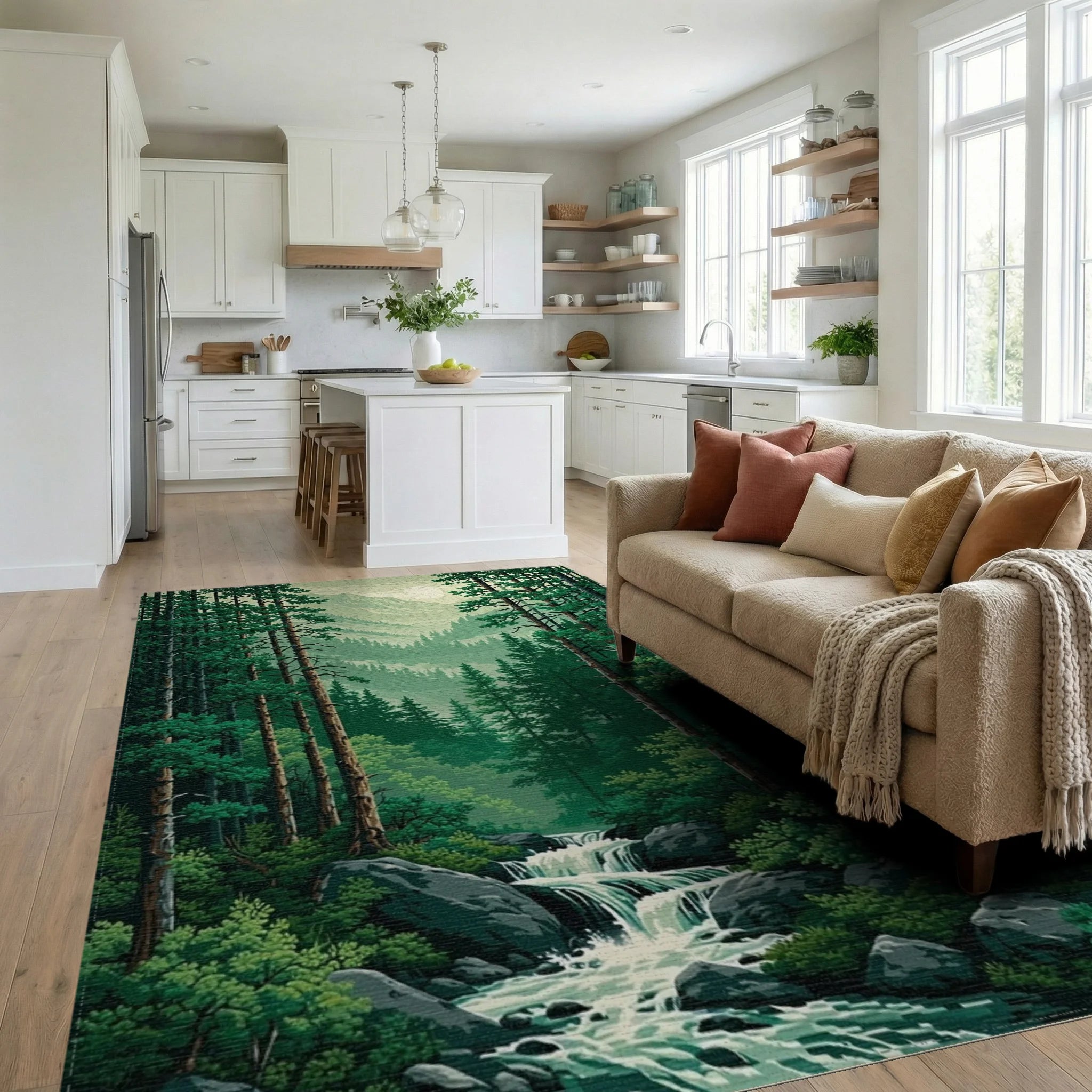 Lush Pine Forest Waterfall Mountains Rug Living Room View