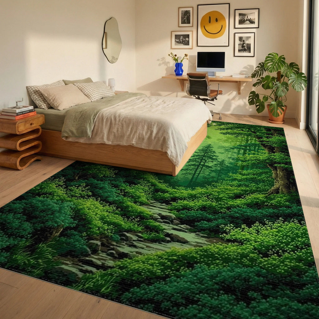 Lush Sunlit Forest Path Rug - Bedroom View