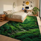 Lush Sunlit Forest Path Rug - Bedroom View