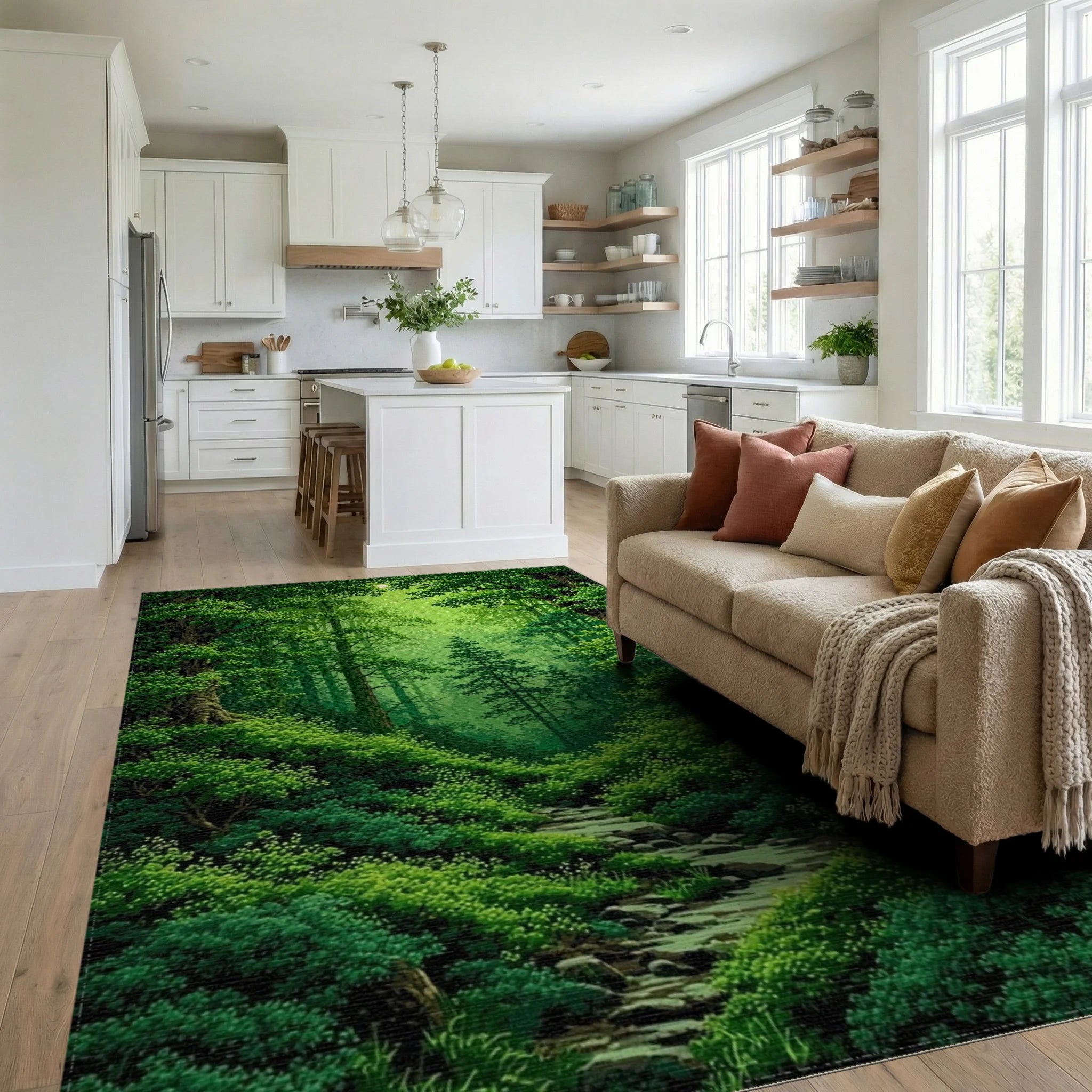 Lush Sunlit Forest Path Rug - Living Room View