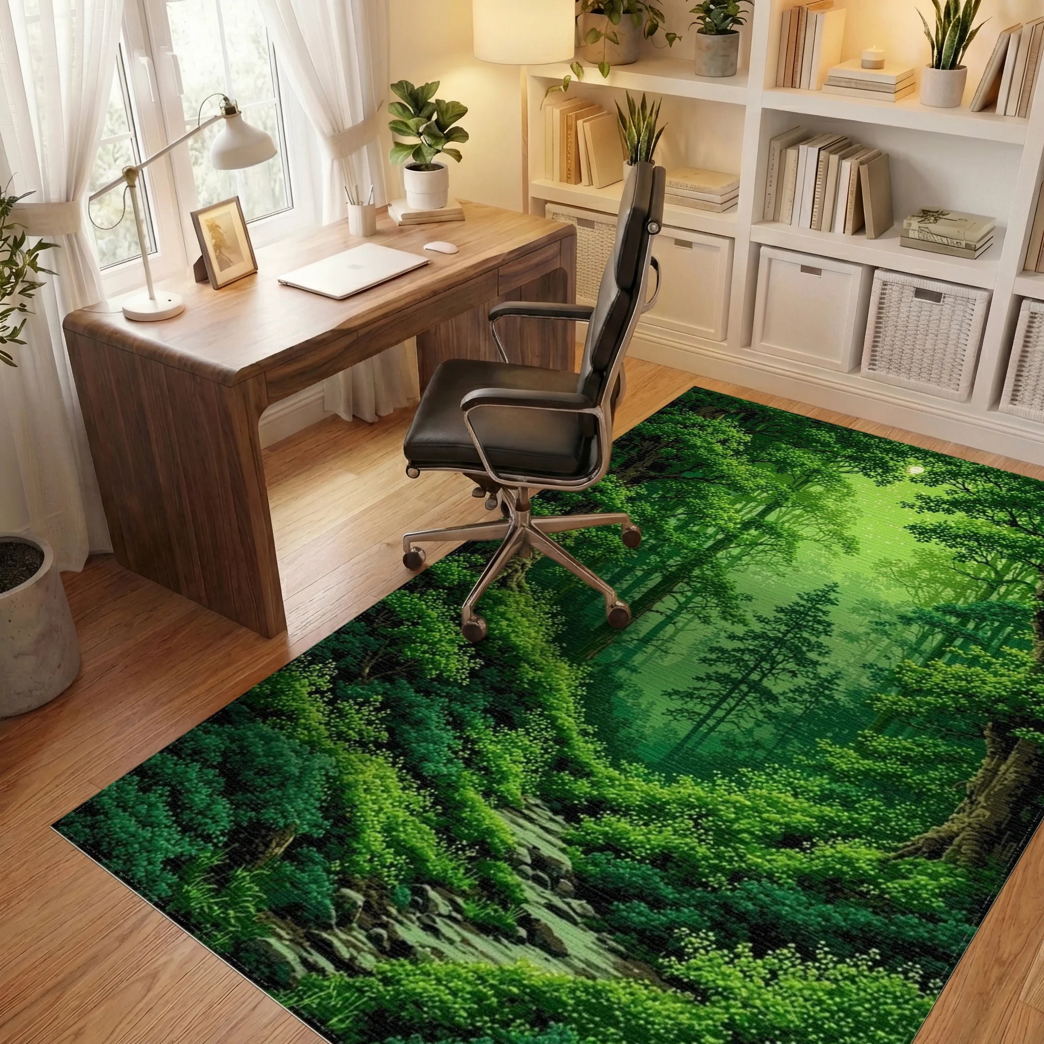 Lush Sunlit Forest Path Rug - Office View