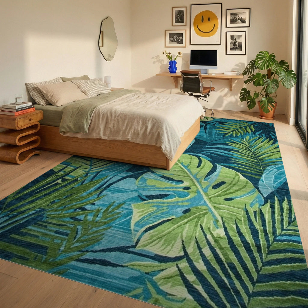 Lush Teal Green Monstera Leaves Rug - Bedroom View