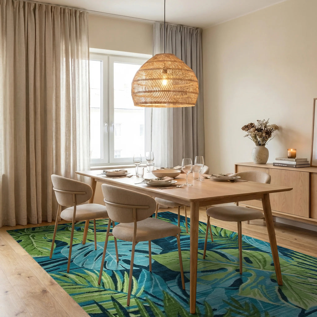 Lush Teal Green Monstera Leaves Rug - Dining Room View