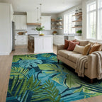 Lush Teal Green Monstera Leaves Rug - Living Room View