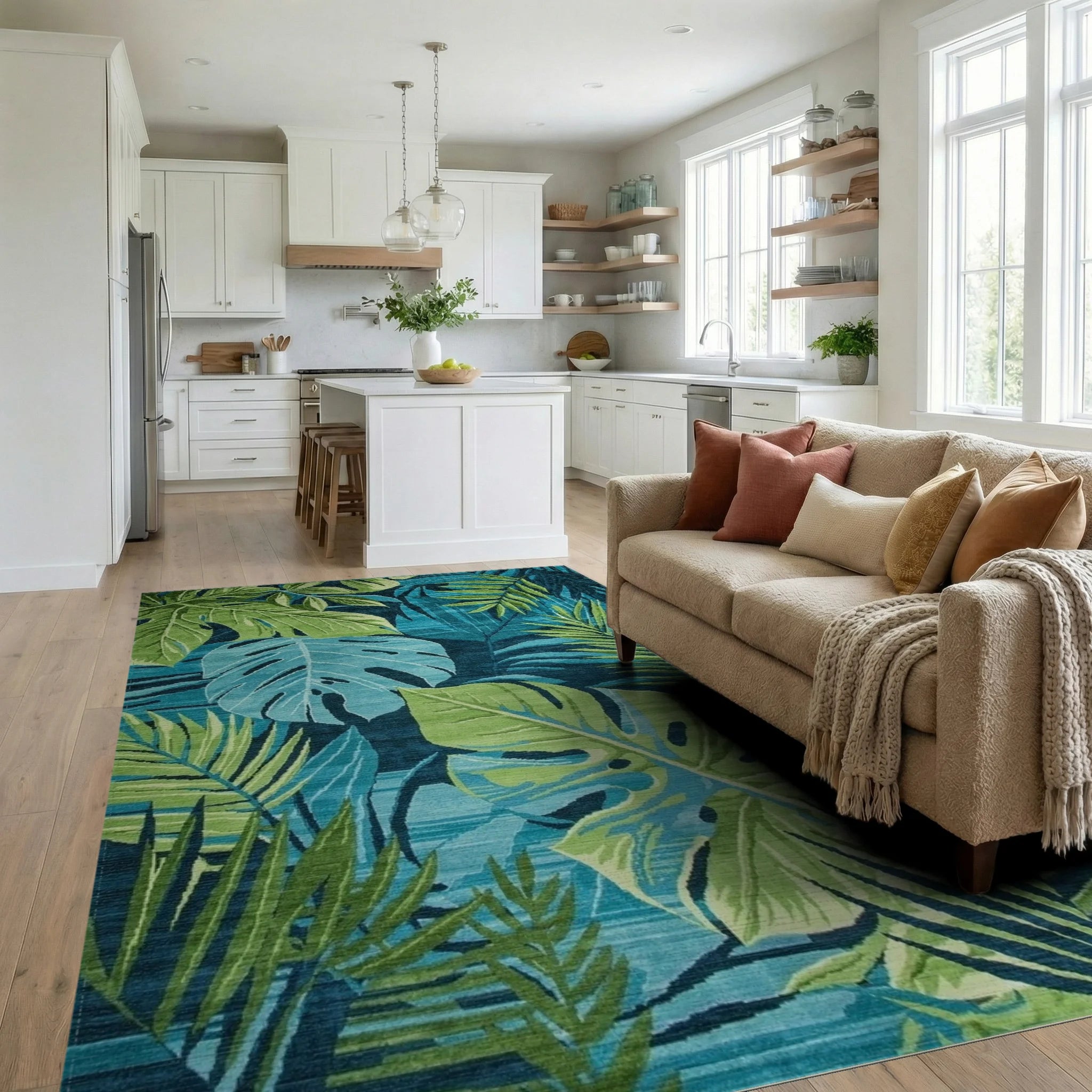 Lush Teal Green Monstera Leaves Rug - Living Room View