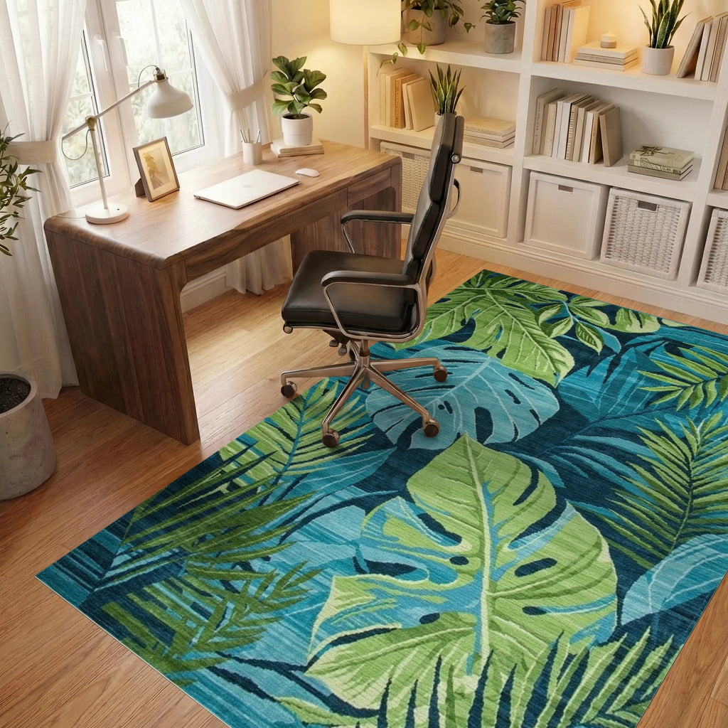 Lush Teal Green Monstera Leaves Rug - Office View