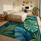 Lush Teal Monstera Floral Rug - Bedroom View