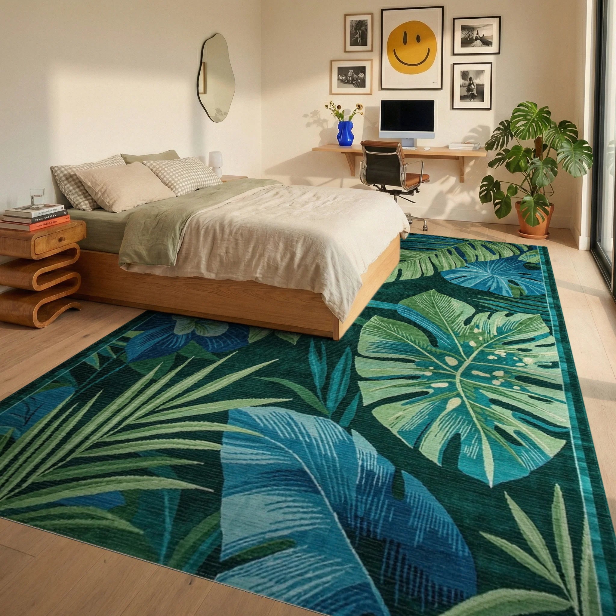 Lush Teal Monstera Floral Rug - Bedroom View