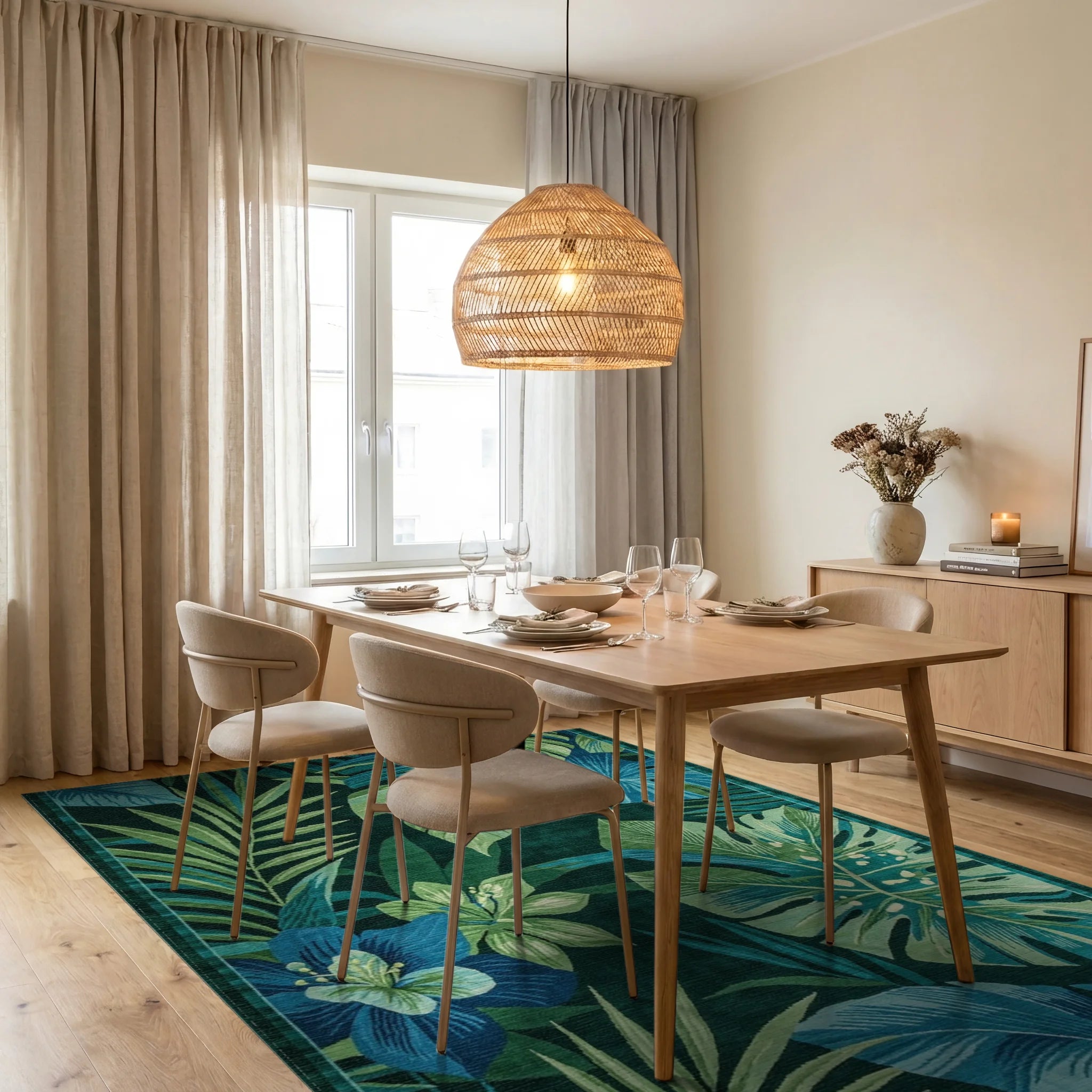 Lush Teal Monstera Floral Rug - Dining Room View