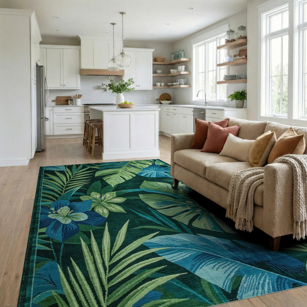Lush Teal Monstera Floral Rug - Living Room View