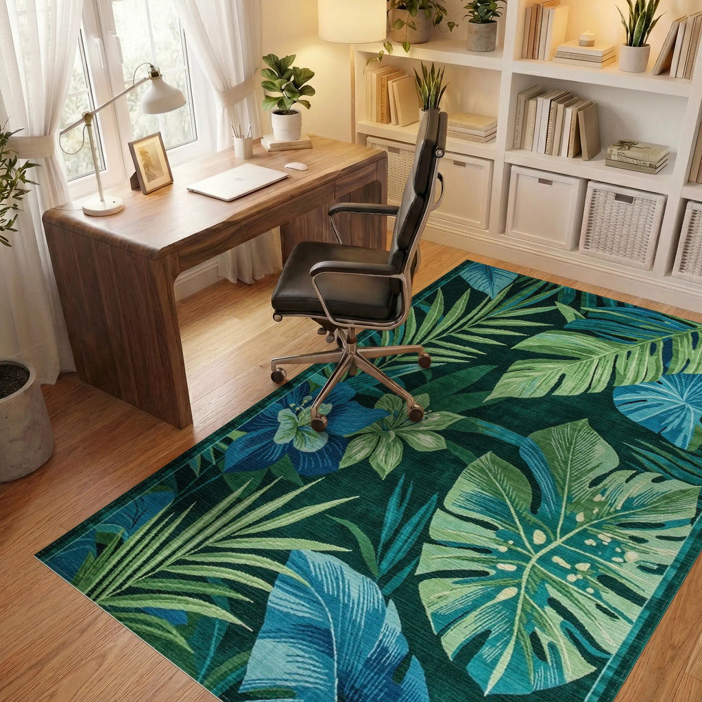 Lush Teal Monstera Floral Rug - Office View