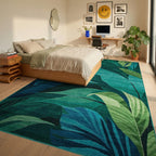 Lush Teal Tropical Leaf Landscape Rug - Bedroom View