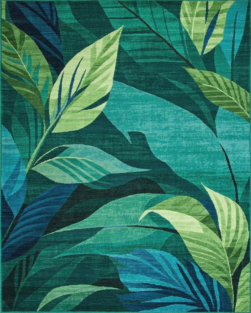 Lush Teal Tropical Leaf Landscape Rug - Cutout View