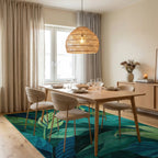Lush Teal Tropical Leaf Landscape Rug - Dining Room View