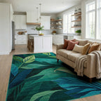 Lush Teal Tropical Leaf Landscape Rug - Living Room View