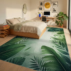 Lush Tropical Foliage Green Border Rug - Bedroom View