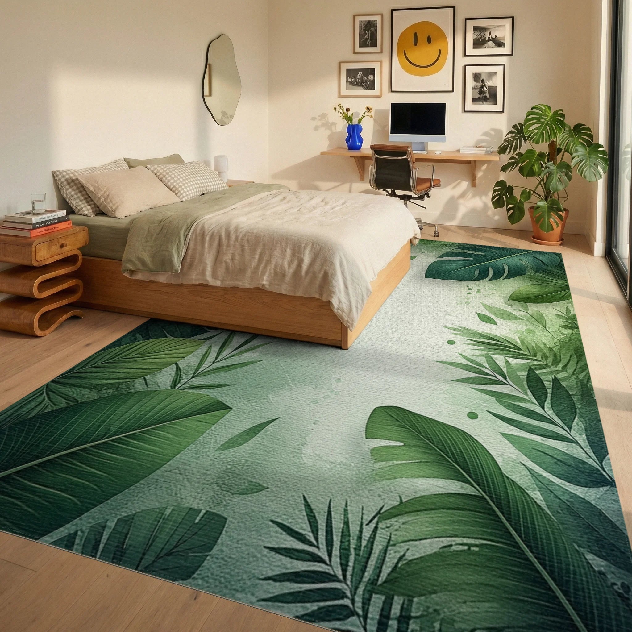 Lush Tropical Foliage Green Border Rug - Bedroom View