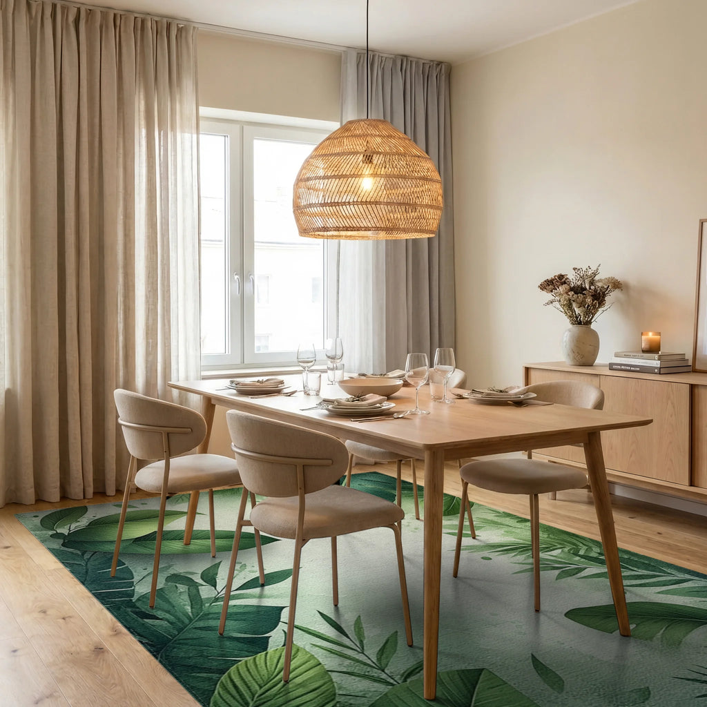 Lush Tropical Foliage Green Border Rug - Dining Room View