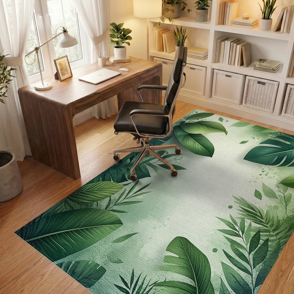 Lush Tropical Foliage Green Border Rug - Office View