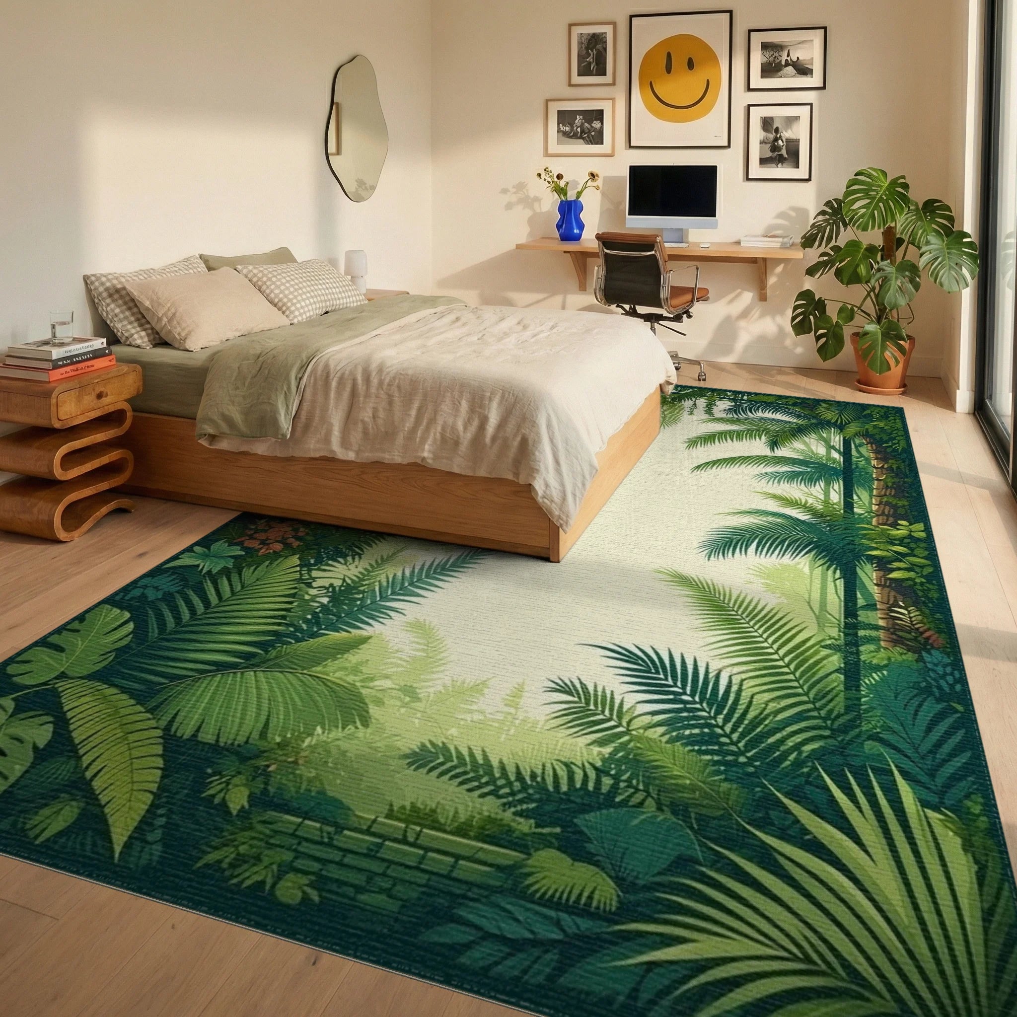 Lush Tropical Jungle Leaf Pattern Rug - Bedroom View