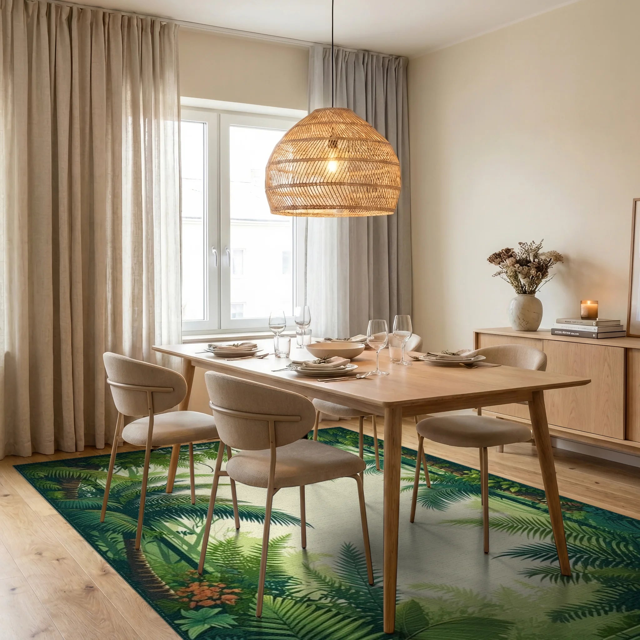 Lush Tropical Jungle Leaf Pattern Rug - Dining Room View