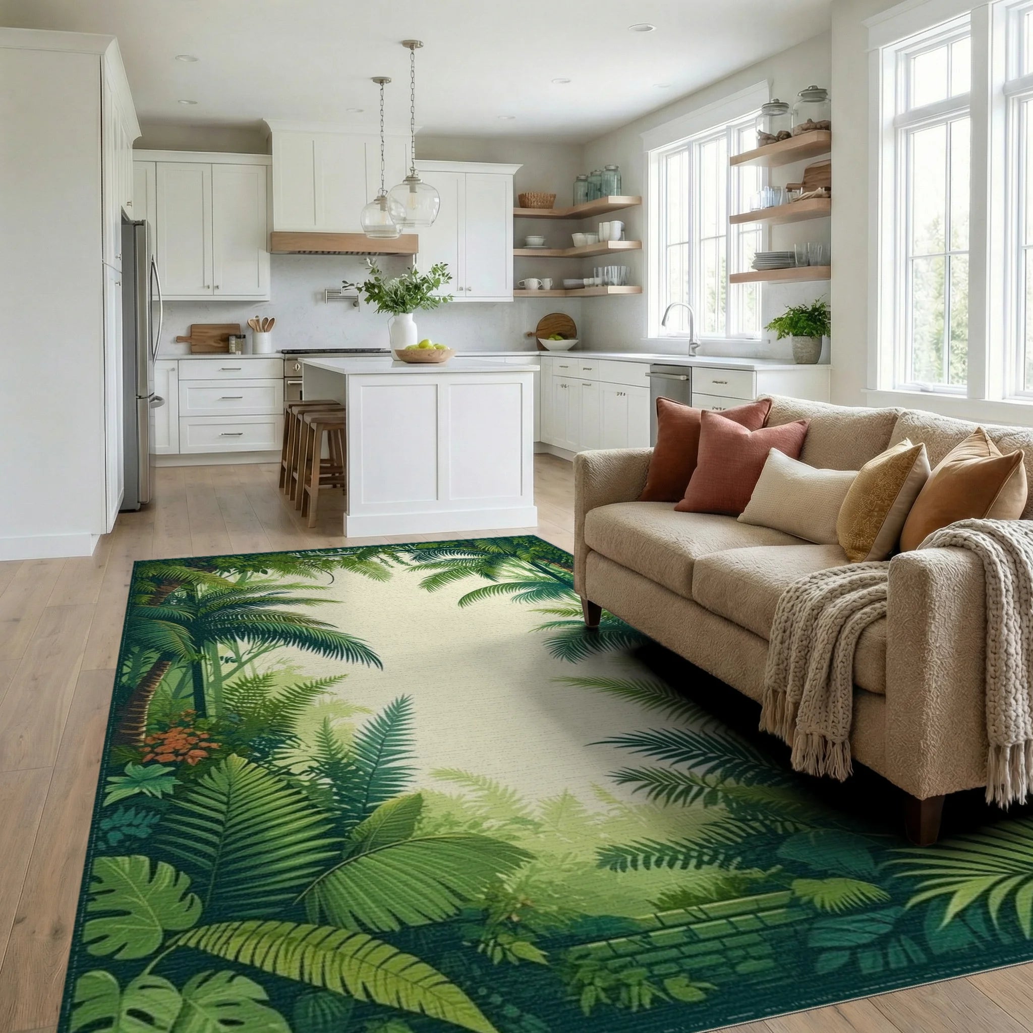 Lush Tropical Jungle Leaf Pattern Rug - Living Room View